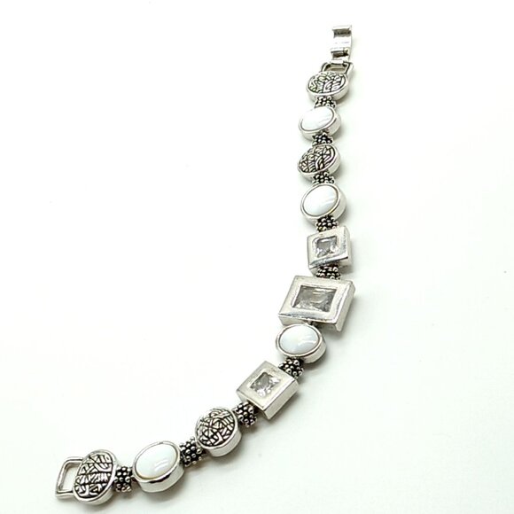 Lia Sophia Clear Cut Crystals Mother of Pearl Textured Links Rhodium Bracelet - Picture 5 of 14